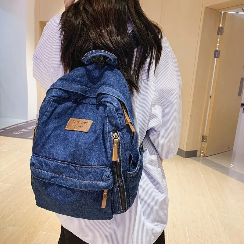 Denim Fashion Backpacks for School Trend Student Jeans Bag Multi Pockets Large Capacity Rucksack Mochila De Escola Feminina