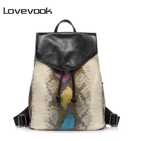 LOVEVOOK brand women backpack serpentine prints drawstring backpack female high quality artificial leather shoulder school bags